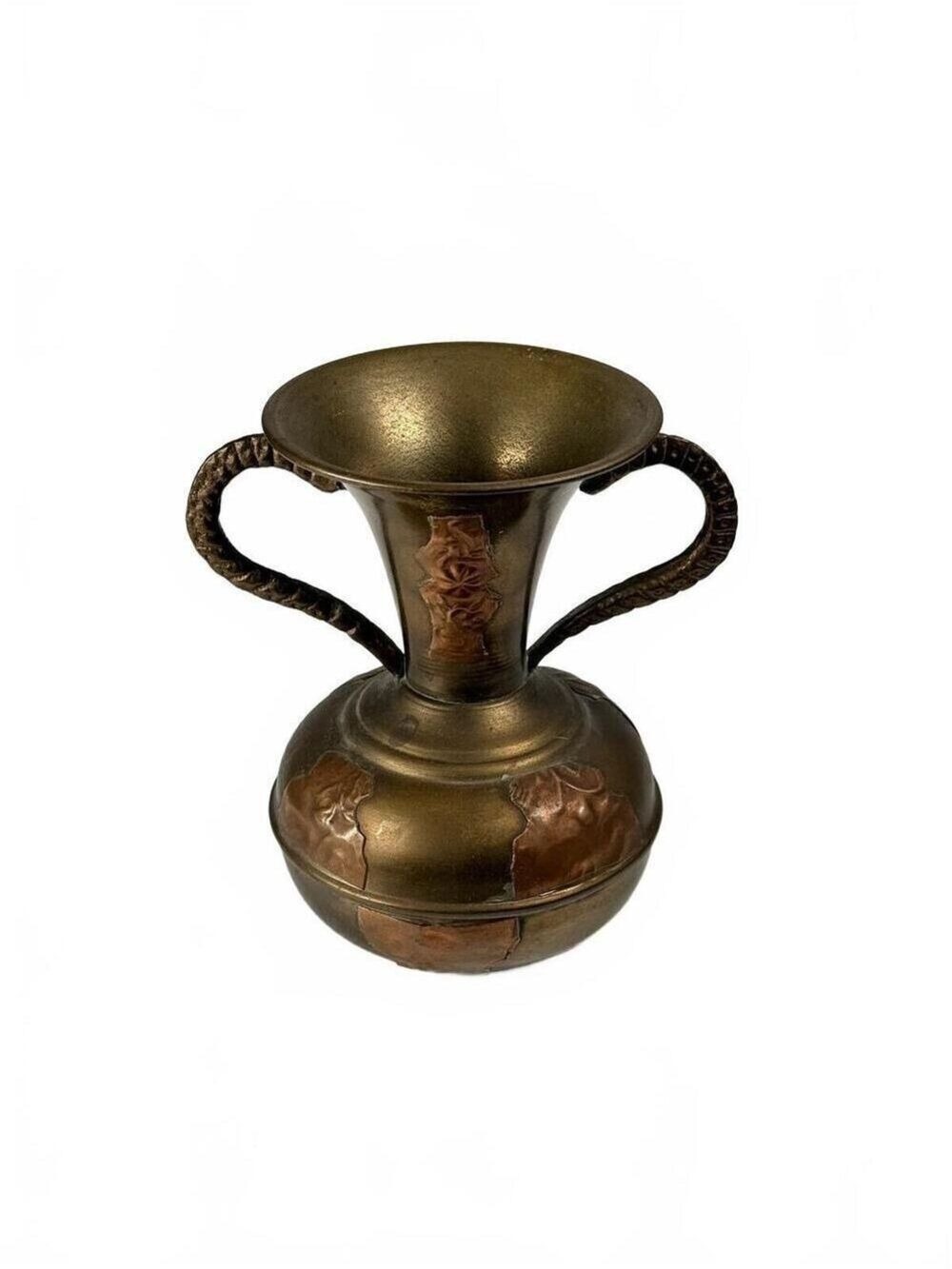 Vintage Indian Brass Copper Overlay Amphora Vase Twin Handles Repoussé 6 in
